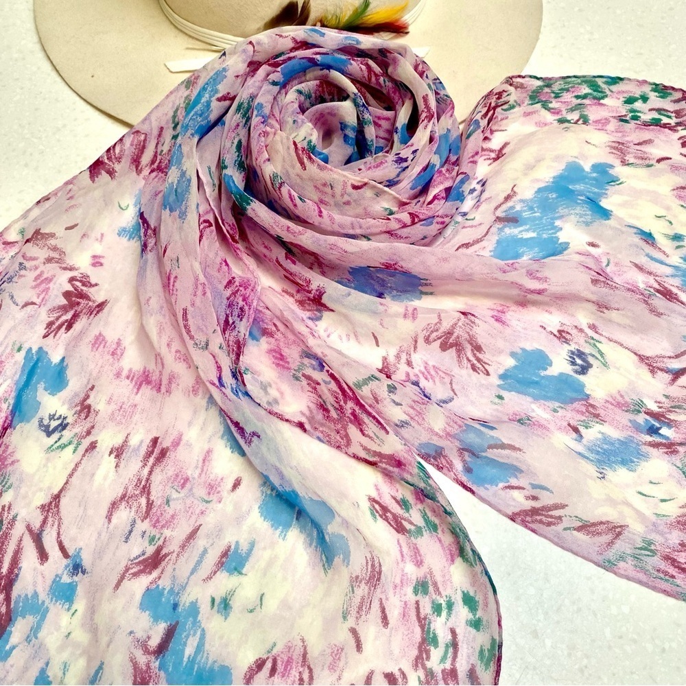 SILK pink/blue vibrant Echo Scarf/neck wrap w prairie cottagecore vibe